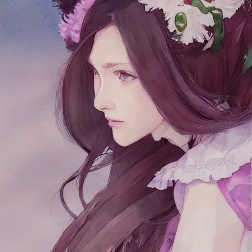 Image similar to a highly detailed portrait of sisters with purpure very very long hair, There are large snow-white peonies in the background, artstation, watercolor, highly detailed, portrait, by krenz cushart