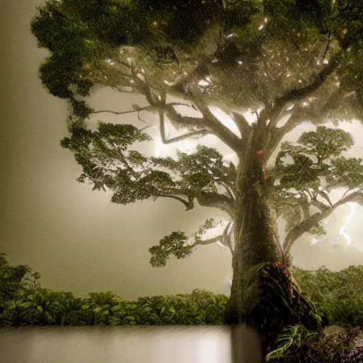 Image similar to detailed tropical island trees, rain, lightning treehouse. dramatic lighting.