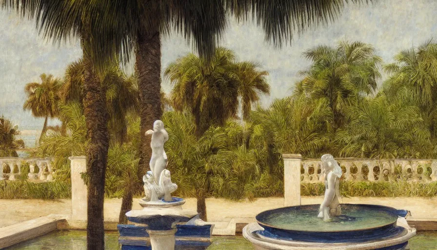 Image similar to a ultradetailed beautiful painting of an old fountain in the amazonas palace balustrade designed by jules bastien - lepage, tarsila do amaral, frank weston and gustave baumann, beach, trending on artstation, mediterranean, palm trees, sharp focus, soft light, 8 k 4 k