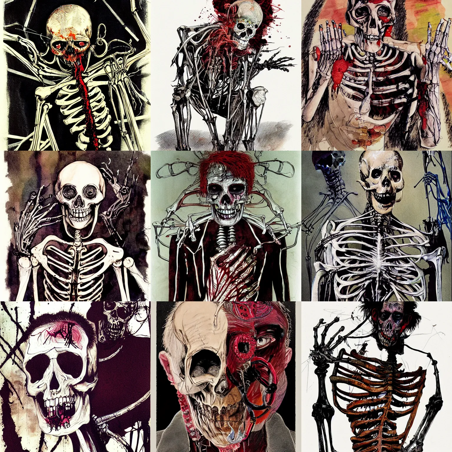 Prompt: Graphic Illustration, Creative Design, Skeleton, Biopunk, Body Horror, Full Body Portrait, Character Design, by Ralph Steadman, Francis Bacon, Hunter S Thompson