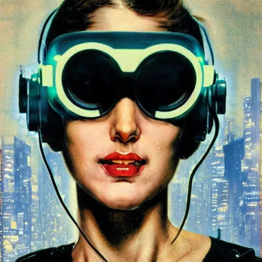 Prompt: cyberpunk woman with glowing goggles, by norman rockwell