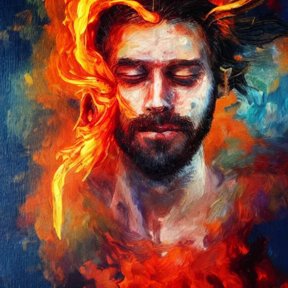 Prompt: abstract painting of man on fire. Handsome. Long hair. portrait. ArtStation. Impressionist. Rule of thirds. Silouette. Pain.