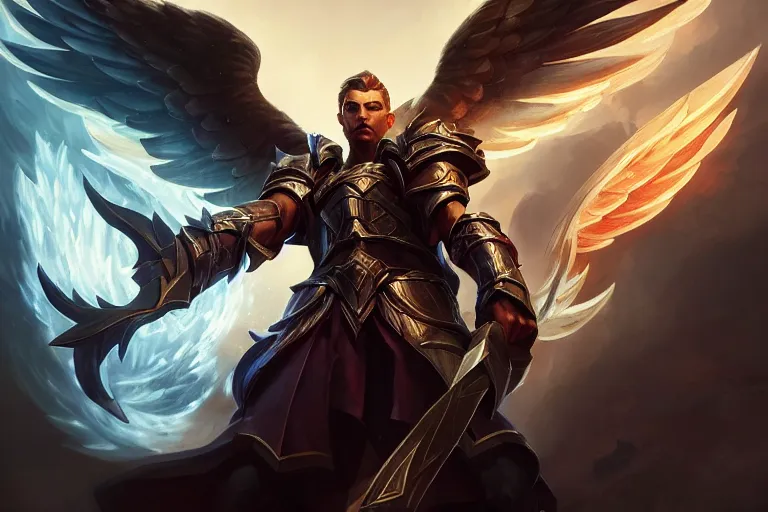 Image similar to amazing portrait of archangel micheal, league of legends splash art, deiv calviz, splash art, natural light, elegant, intricate, fantasy, atmospheric lighting, by greg rutkowski, league of legends splash art, hd wallpaper, ultra high details