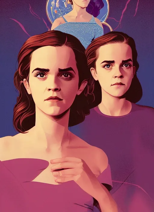 Image similar to poster artwork by Michael Whelan and Tomer Hanuka, Karol Bak of Emma Watson and Kiernan Shipka in beauty pageant, from scene from Twin Peaks, clean, simple illustration, nostalgic, domestic, full of details