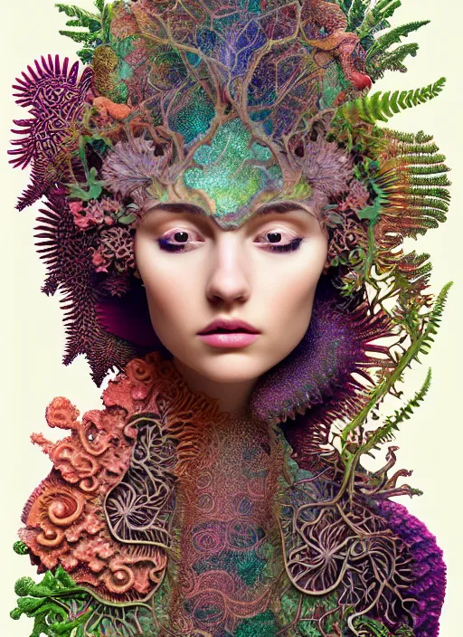 Prompt: ridiculously beautiful young womans face in full color, layers of intricate swirling fractals of 3 d fern and coral skin, blooming, portals into dimensions, coral, birds, symmetrical, in the style of ernst haeckel, effervescent, sacred geometry, surrealism, photo realistic, epic and cinematic, 3 d, clear, sharp,