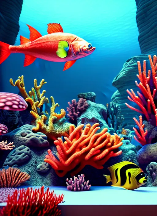 Image similar to hyperrealism, detailed textures, photorealistic 3 d render, an underwater scene with brightly coloured fish & coral, ultra realistic, ultra high pixel detail, cinematic, intricate, cinematic light, octane render, concept art, illustration, art station, unreal engine 8 k