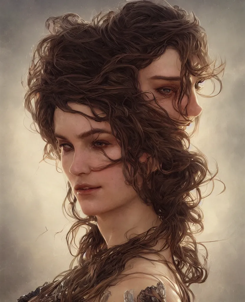 Image similar to portrait of a ruggedly beautiful goddess, soft hair, half body, leather, hairy, d & d, fantasy, intricate, elegant, highly detailed, digital painting, artstation, concept art, smooth, sharp focus, illustration, art by artgerm and greg rutkowski and alphonse mucha