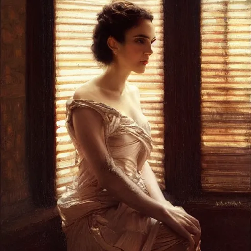 Prompt: a fantastic high fashion stunning backlit portrait of winona ryder, by window, painting by gaston bussiere, craig mullins, j. c. leyendecker