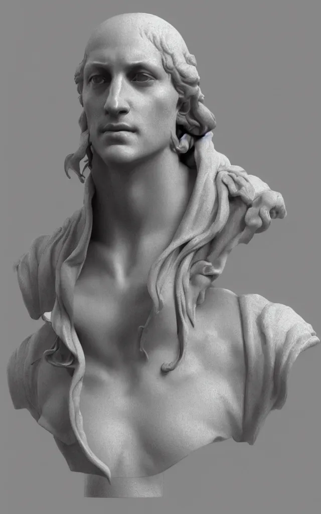 Prompt: renaissance statue bust, 3 d model, octane rendered, unreal engine 5, rtx reflections, neon