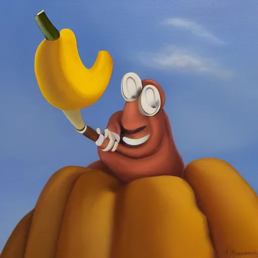 Image similar to Oil painting of an anthropomorphous banana smoking a cigar on a hill. Award-winning. 4k.