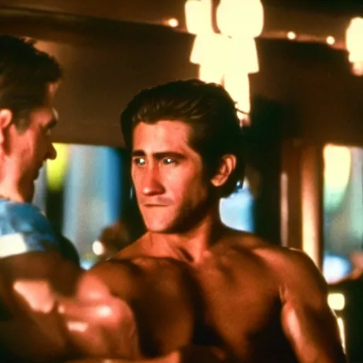 Prompt: cinestill of Jake Gyllenhaal as Patrick Swayze fighting men in a bar in the movie Road house
