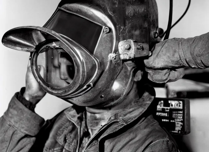 Prompt: welder in welding mask in the upside down, stranger things, by richard avedon, tri - x pan stock