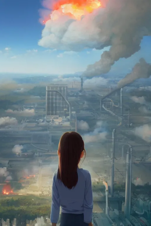 Image similar to a highly detailed matte painting of a girl watching nuclear power plant fire by studio ghibli, makoto shinkai, by artgerm, by wlop, by greg rutkowski, volumetric lighting, octane render, 4 k resolution, trending on artstation, masterpiece