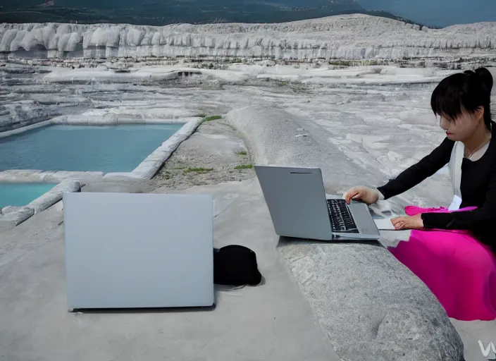 Image similar to Lee Jin-Eun hacking a laptop at Pamukkale by WLOP, rule of thirds, seductive look, beautiful, masterpiece, Refined