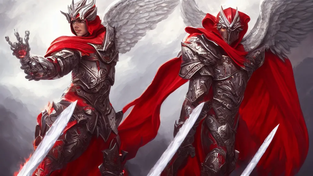 Image similar to male angel flying over hell, flame sword, white metallic armor, red cape, detailed arms, intricate white armor, two arms, two legs, detailed fanart, rpg art, d&d art, macro art, digital art, DeviantArt, artstation, 8k HD