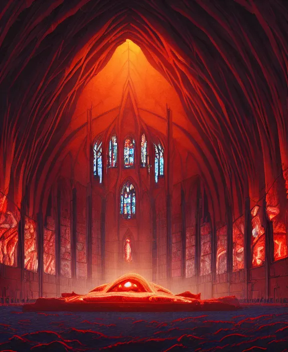 Prompt: a massive cathedral made out of butchered meat, in the style of a spaceship, hellscape, hell, fire, brimstone, lava, by dan mumford, yusuke murata, makoto shinkai, ross tran, cinematic, unreal engine, cel shaded, featured on artstation, pixiv