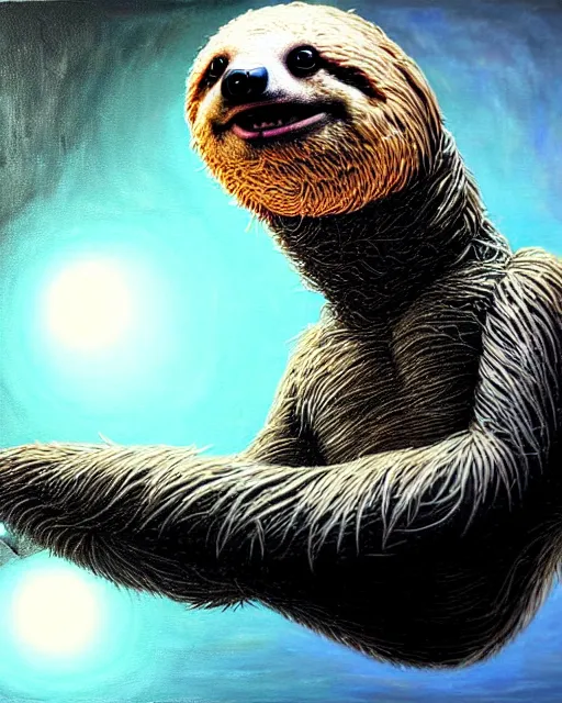 Image similar to hyperrealistic mixed media painting of a sloth wearing a suit and tie, dimly lit dive bar, stunning 3d render inspired art by P. Craig Russell and Barry Windsor-Smith + perfect facial symmetry + dim volumetric lighting, 8k octane beautifully detailed render, post-processing, extremely hyperdetailed, intricate, epic composition, grim yet sparkling atmosphere, cinematic lighting + masterpiece, trending on artstation, very very detailed, masterpiece, stunning