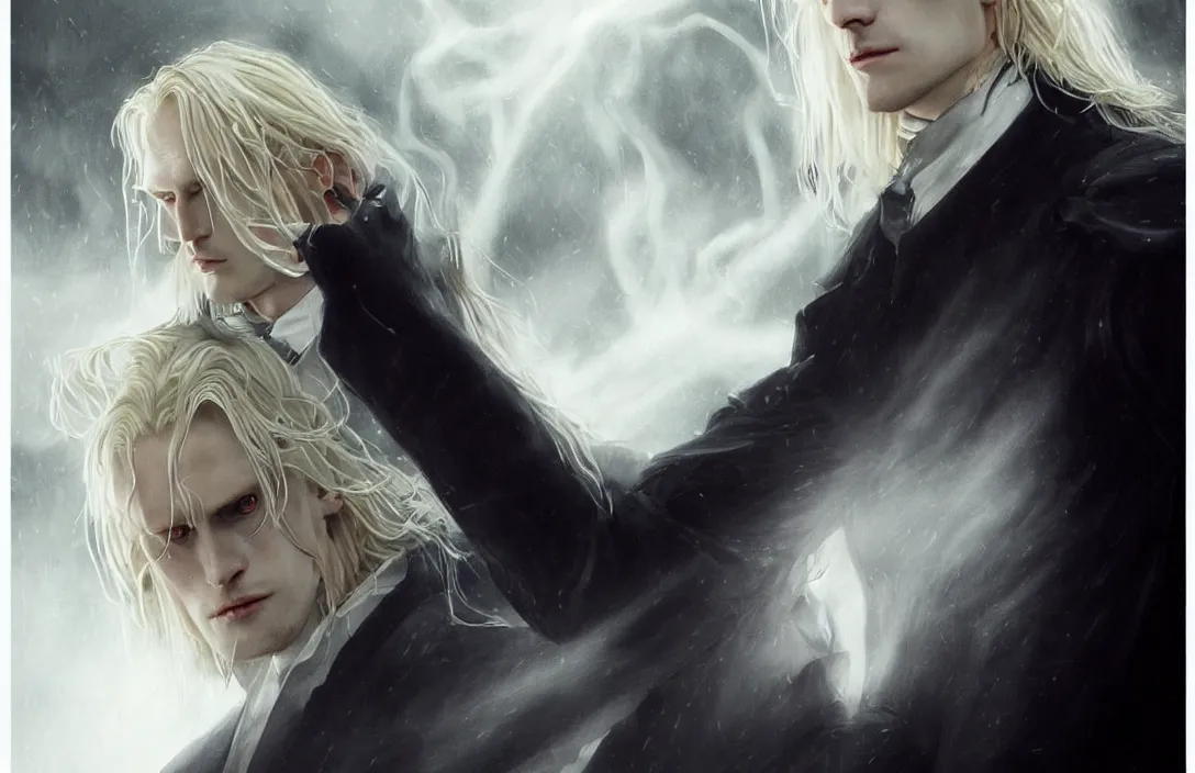 Image similar to a realistic detail portrait of a beautiful johan liebert and his evil alter ego alucard in middle earth, long blond hair, very very very light pale white skin, glowing eyes, clear composition, beautiful long blond hair, raining, mist, magic, dragon, goth by Julian calle, wlop, greg rutkowski, Finnian MacManus, Trending on artstation, black and yellow scheme, 8k, RE Engine