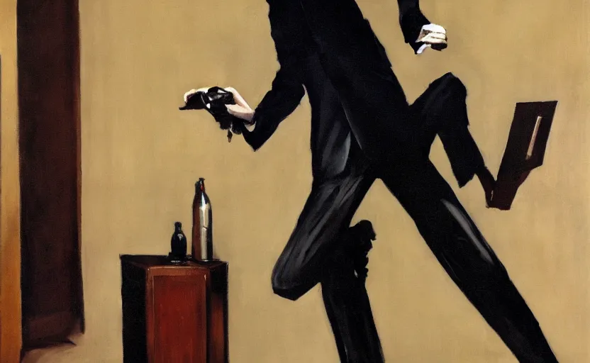 Image similar to a thin man wearing a suit screams and jumps over a telephone in a dark, 1980s living room, painted by phil hale, highly detailed