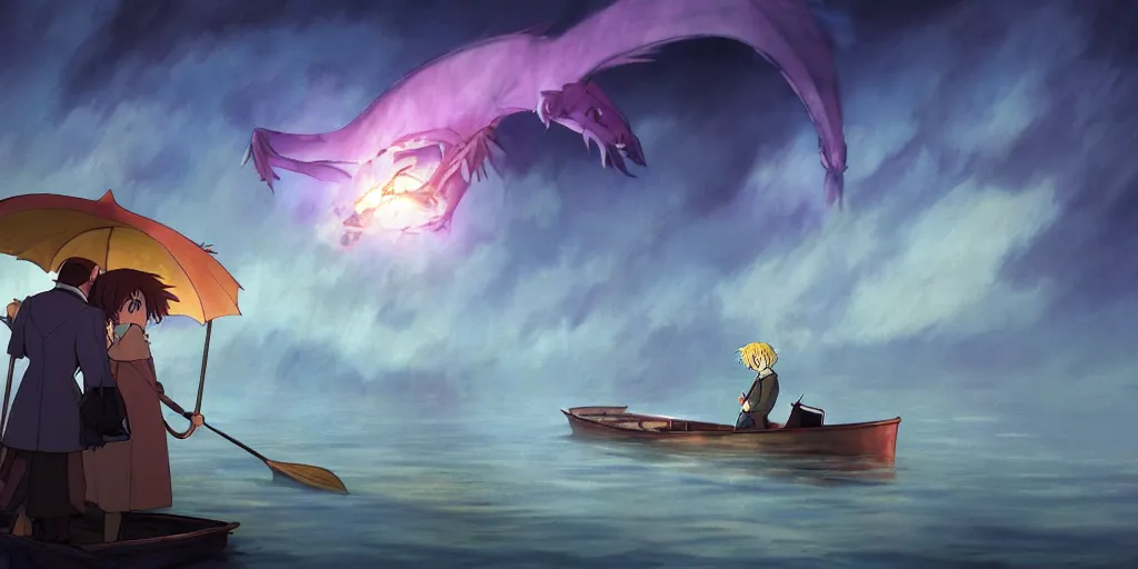 Prompt: a realistic and atmospheric cell - shaded concept art from howl's moving castle ( 2 0 0 4 ) of a multi - colored dragon in the air. a man with an umbrella is standing in a boat in a flooded city. it is a misty starry night. very dull muted colors, hd, 4 k, hq