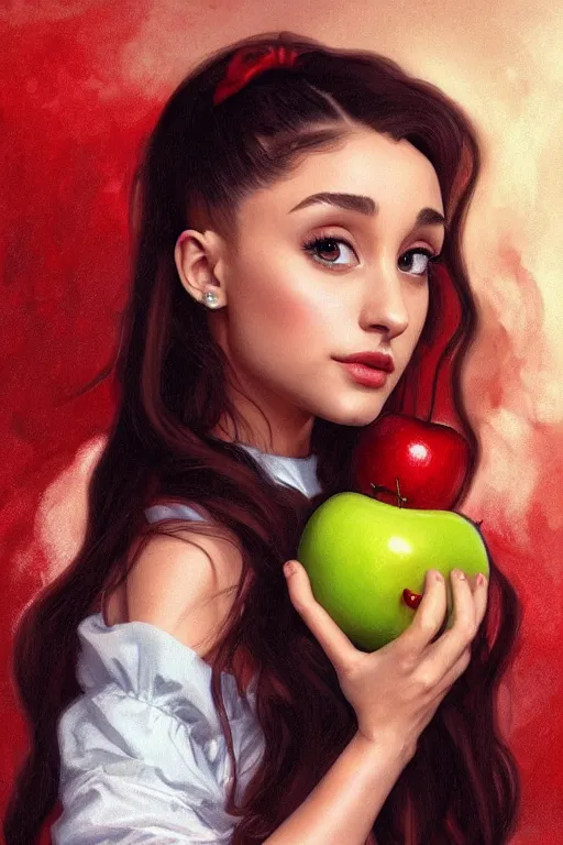 Image similar to beautiful cottagecore Ariana Grande holding a Red Apple, intricate, elegant, highly detailed, digital painting, artstation, concept art, smooth, sharp, focus, illustration, art by artgerm and greg rutkowski and alphonse mucha