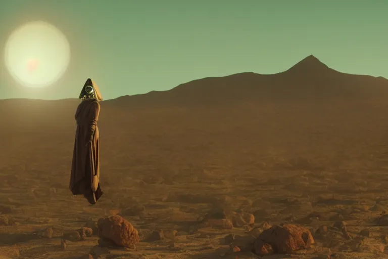 Image similar to levitating bene gesserit priest with full - face golden mask and glowing eyes in a dry rocky desert landscape, visible sky and sunny atmosphere, fata morgana giant mirrors, black star in the sky by alejandro jodorowsky and christopher doyle, anamorphic lens flares, kodakchrome, cinematic composition, practical effects, 8 k,