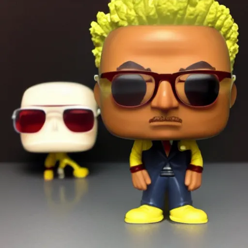 Image similar to funko pop gustavo fring. half face. death scene from breaking bad. toy design