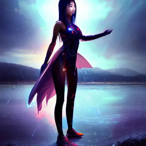 Image similar to beautiful young asian woman as a beautiful cyborg - angel girl standing on a lake, rainfall, biomechanical details, digital cyberpunk anime art, full body shot, reflections, lens flare, wlop, ilya kuvshinov, artgerm, krenz cushart, greg rutkowski