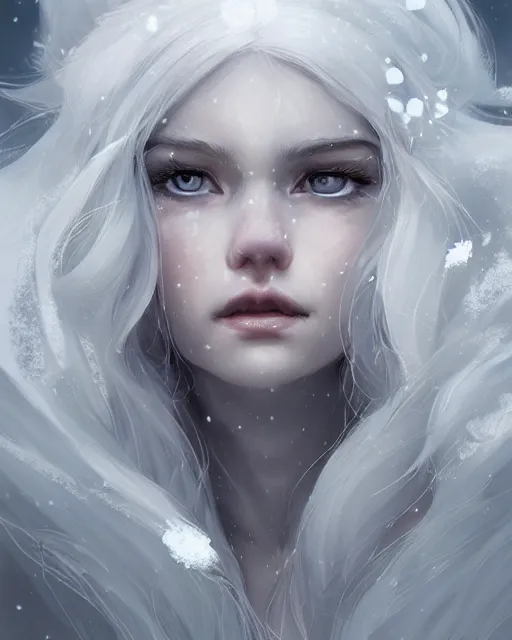 Image similar to portrait of a beautiful fierce snow goddess, flowy white grey hair, grey eyes, winter, frozen, snow, cinematic lighting, highly detailed, digital painting, trending on artstation, pixiv, concept art, sharp focus, illustration, art by ross tran and wlop