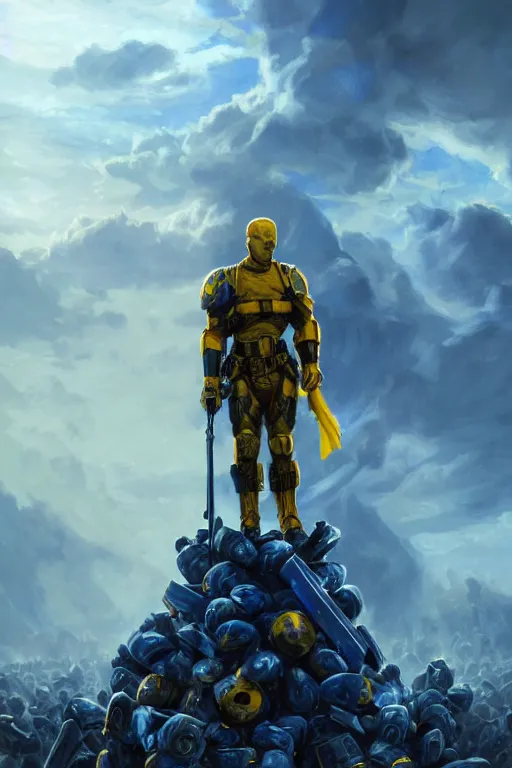 Image similar to a distant shot of a super soldier with blue and yellow flag and standing alone on a huge pile of human skulls as a winner, masculine figure, D&D, fantasy, bright hopeful atmosphere, volumetric lights, beam of bright light through the clouds, intricate, elegant, highly detailed, extremely detailed, digital painting, artstation, concept art, matte, smooth, sharp focus, hyper realistic, illustration, art by Artgerm and Greg Rutkowski and Alphonse Mucha