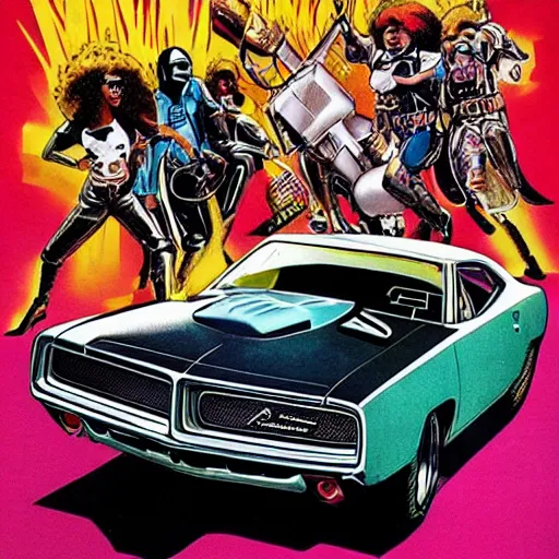 Image similar to b - movie poster, a heavily modified 1 9 7 0's dodge charger with a cow catcher and metal armor, a funky vixen with an afro, a gang of 1 9 7 0 s drug dealers, an explosion, 1 9 7 0's detroit building la