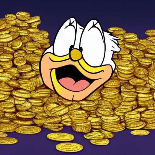 Image similar to scrooge mcduck driving into a pile of gold coins