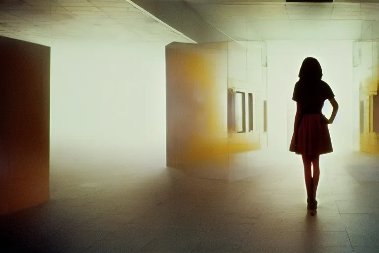 Prompt: backlit photograph of young woman standing in front of monolith radiating neutrinos in suburban living room, crisp focus, highly detailed, in roger deakins style, 3 5 mm ektachrome