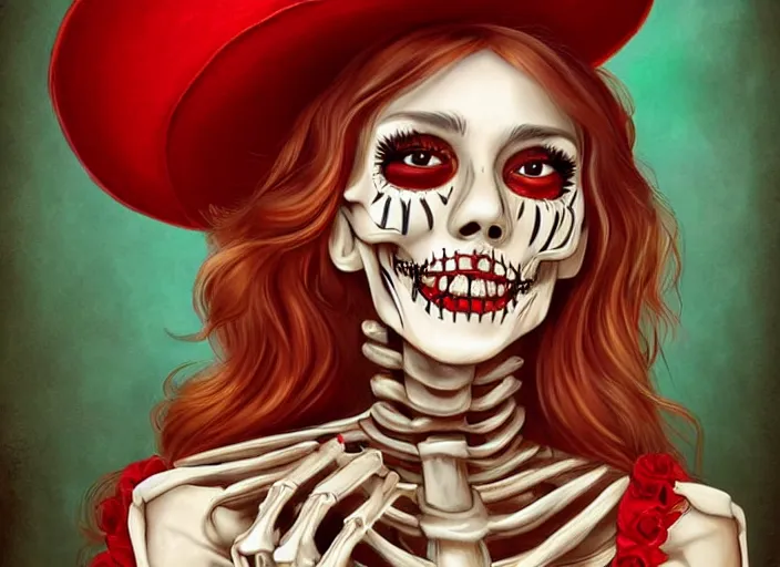 Image similar to cute & beautiful smiling mexican undead skeleton girl wearing a sombrero and a wide red dress, digital art, fantasy, painting, pin up, highly detailed, art by artgerm