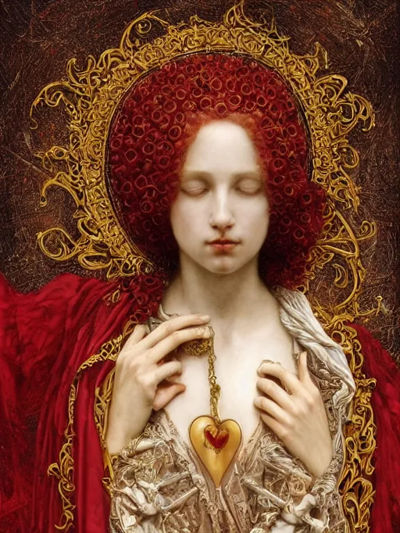 Image similar to a beautiful render of a baroque catholic veiled red queen with symmetry intricate detailed heart sculpture,pieta.by Lawrence Alma-Tadema, peter gric,aaron horkey,Billelis,trending on pinterest,hyperreal,jewelry,gold,intricate,maximalist,glittering,golden ratio,cinematic lighting