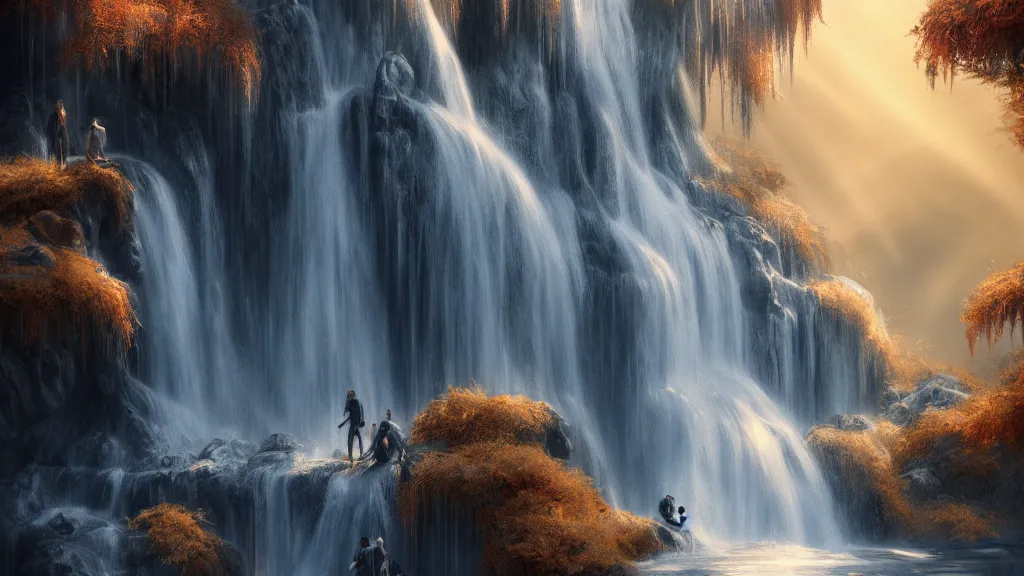 Image similar to ghosts in a waterfall hyperdetailed, artstation, cgsociety, golden hour 8k