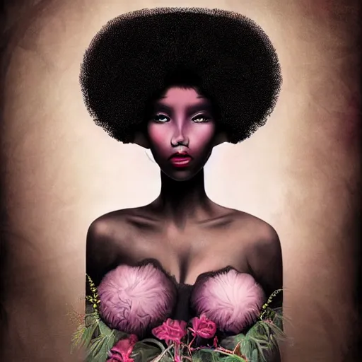 Image similar to portrait of a black woman with an afro ,inspired by Natalie Shau, Anna dittmann, plants growing on the head, horns,cinematic