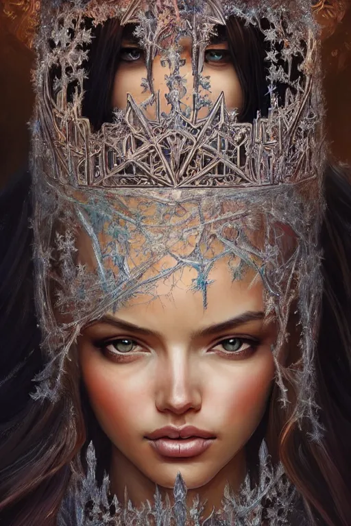 Image similar to photography of adriana lima, ornament crown, organic crystals, frost, deep focus, d & d, fantasy, intricate, elegant, highly detailed, digital painting, artstation, concept art, matte, sharp focus, illustration, hearthstone, art by artgerm and greg rutkowski and alphonse mucha