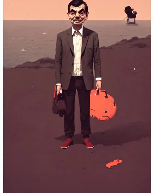 Image similar to mr. bean on holiday, by atey ghailan, by greg rutkowski, by greg tocchini, by james gilleard, by joe fenton, by kaethe butcher, red, black, crimson and grey color scheme