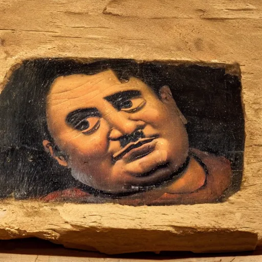 Prompt: fayum portrait of a lazy fat guy, mummy portrait, from egypt, from luxor, on wood