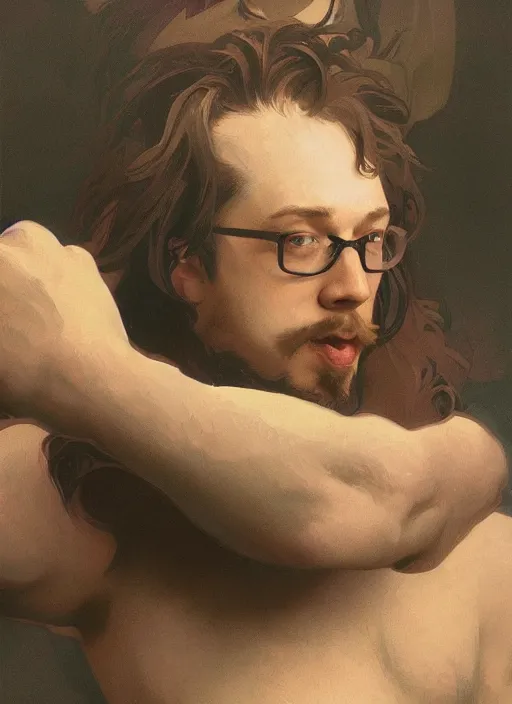 Image similar to the Birth of Sam Hyde, portrait art by alphonse mucha and greg rutkowski, highly detailed, digital painting, concept art, illustration, dim lighting with twilight rays of sunlight, trending on artstation, very detailed, smooth, sharp focus, octane render, close up