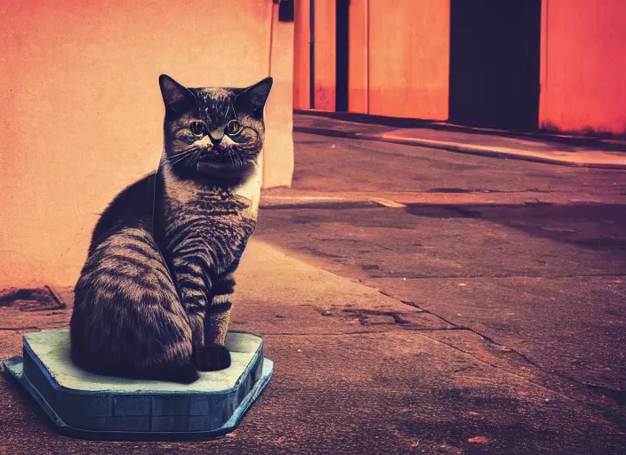 Image similar to photography of a Cat sitting on a box. in a cyberpunk street, award winning photo, saturated, colored, colors, 100mm, sharp, high res