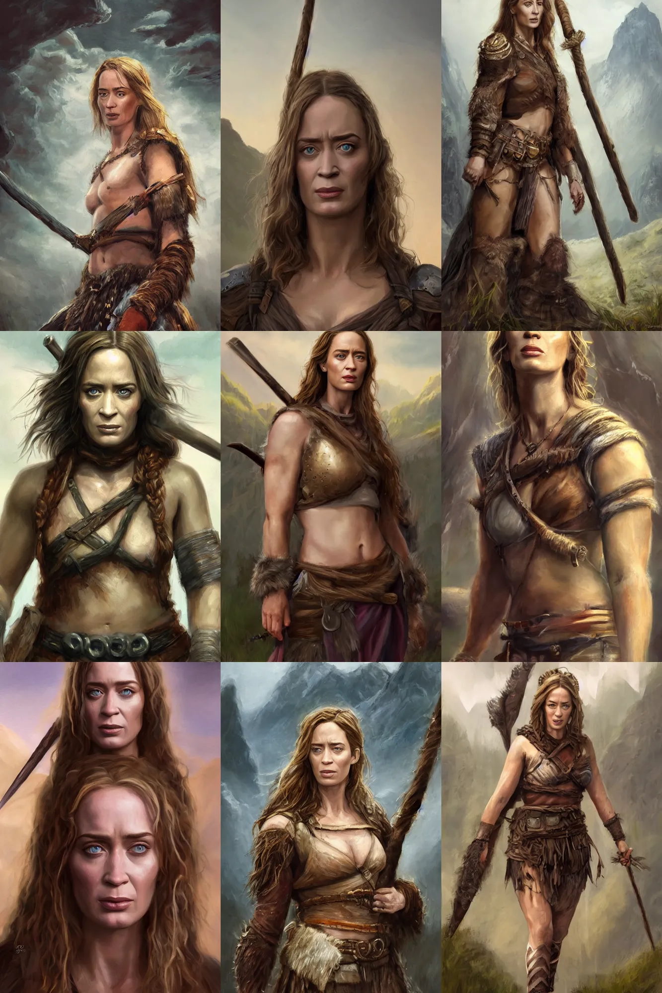 Image similar to a full body high detail fantasy portrait oil painting illustration of emily blunt as a beautiful young rugged stoic barbarian woman by justin sweet with face and body clearly visible, in a scenic background, pupils visible, realistic proportions, d & d, rpg, forgotten realms, artstation trending, high quality, sombre mood, artstation trending, muted colours, entire person visible!