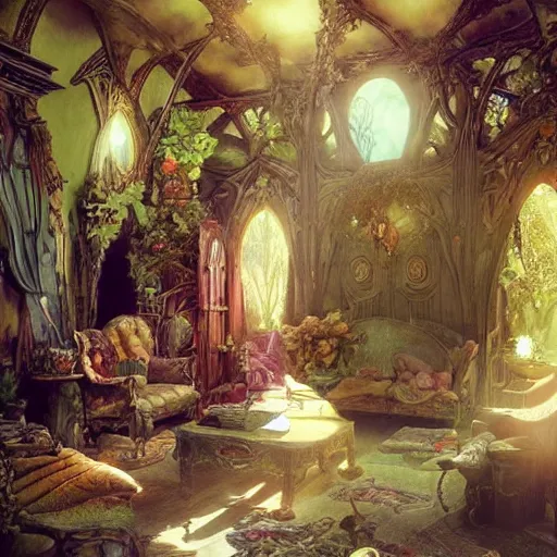 Prompt: a beautiful interior of a fairy castle, fully decorated, furnished with fairy furniture, fairy aesthetics, concept art, by greg rutkowski, alphonso mucha and elena dudina. high details, global illumination