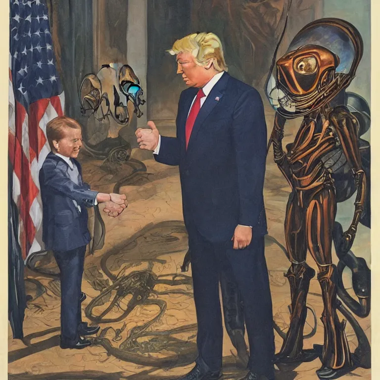 Prompt: The President of the United States shaking hands with a sinister space alien, official portrait