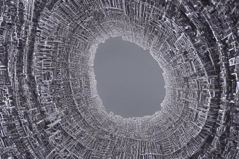 Image similar to a window to a complex organic fractal 3 d ceramic close - up humanoid megastructure, cinematic shot, foggy, photo still from movie by denis villeneuve