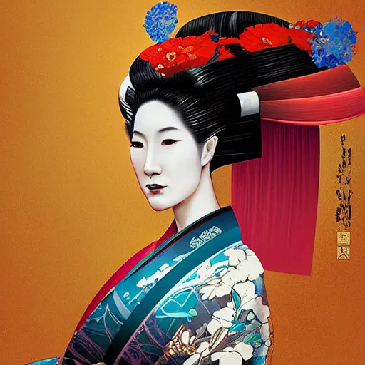 Image similar to a digital portrait of a geisha by android jones