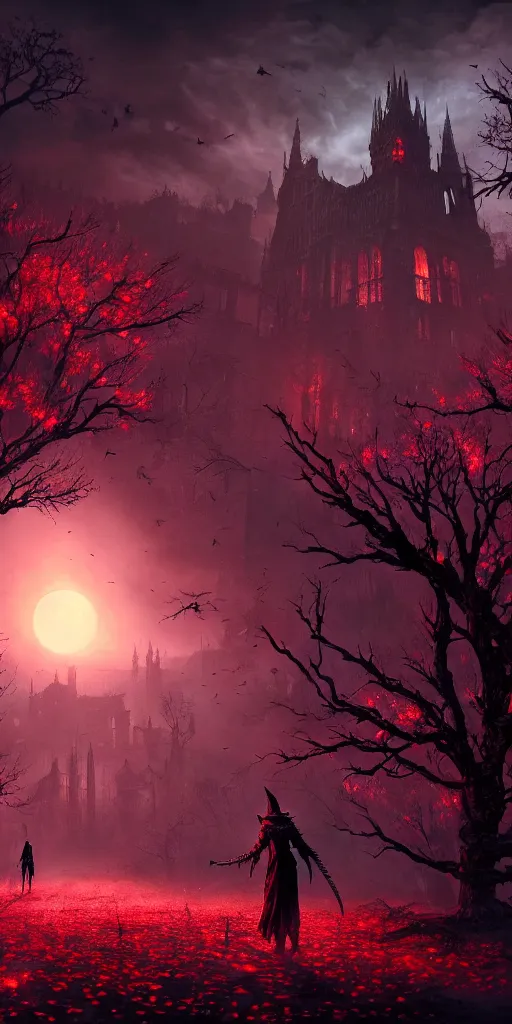 Image similar to abandoned bloodborne old valley with a obscure person at the centre and a ruined gothic city in the background, trees and stars in the background, falling red petals, epic red - orange moonlight, perfect lightning, wallpaper illustration by niko delort and kentaro miura, 4 k, ultra realistic