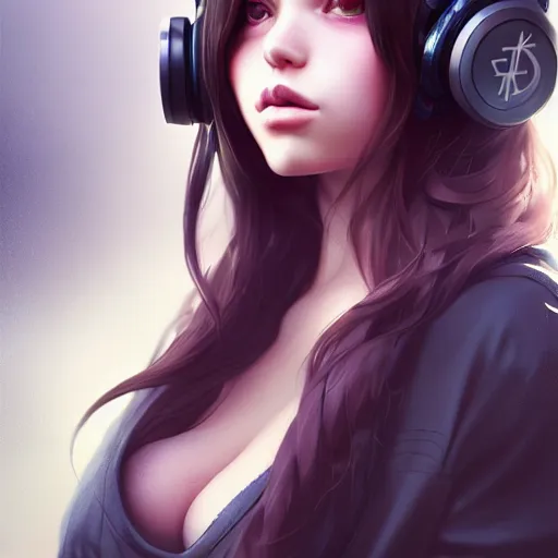 Image similar to beautiful full portrait of a girl, brunette curvy long hair, full - body shot, wearing cyberpunk headphones, streetwear, like a fashion model + high detailed, resolution beautifully detailed landscape trending on artstation 8 k, cinematic, epic detailed trending on artstation 8 k, by bukurote + krenz cushart + ryota - h + wlop