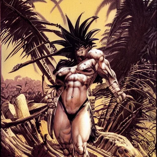 Prompt: Muscular 23-year-old warrior girl wearing barbarian caveman pelt, cavewoman, pelt, battle scars, scars, electrified hair, wild spiky black Saiyan hair, primeval jungle, palm trees, ruined buildings, 1987 pulp art, illustration by Frank Frazetta, hyper-detailed, ultra-detailed